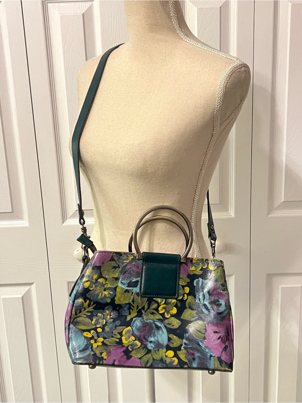 Patricia Nash Empoli Satchel Floral Leaf Leather Teal Purple Ring Tophandle